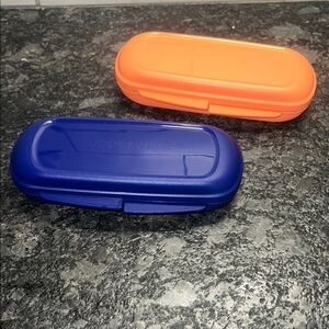 Tupperware Bright Orange and Deep Blue Set of 2 Eyeglass case. NWOT